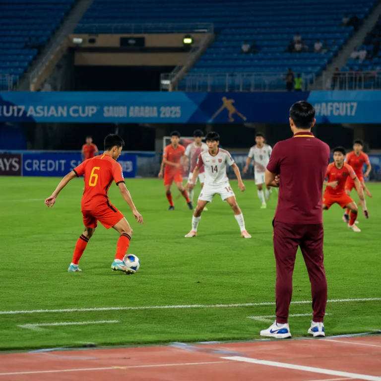 U17国足球员在三球落后局面下组织推进的比赛画面
