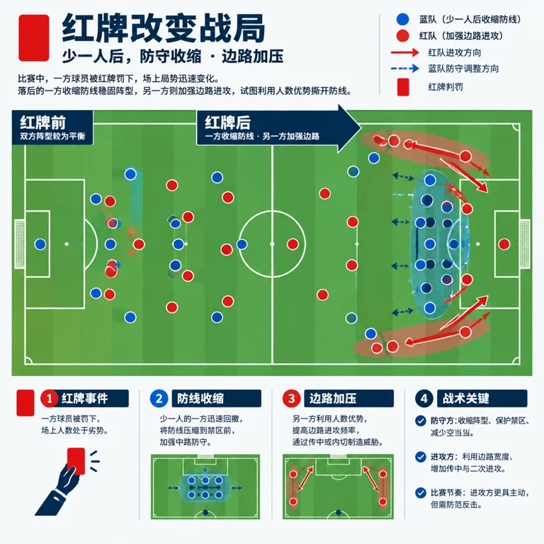 足球战术示意图：红牌判罚后双方人数变化